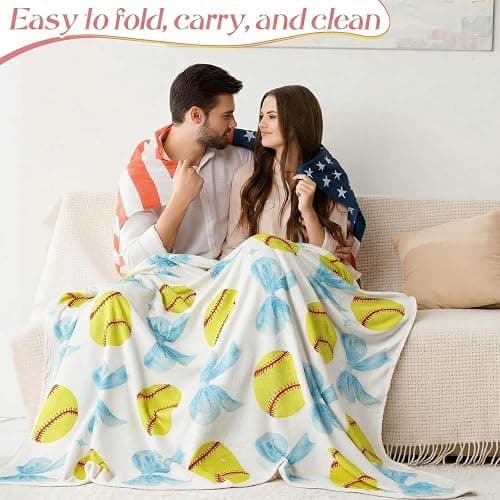 HunnmingRe Softball Blanket 50''x60'', Coquette Blue Bow White Soft Throw Blanket Softball Gifts for Girls Women Team Players Coach Unique Gifts for Sports Lovers thumbnail 3