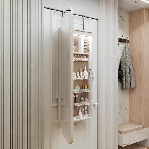 Noeko Jewelry Cabinet Wall/Door Mounted, Jewelry Armoire Organizer, 3.7 x 14.5 x 47.2 Inches Lockable Storage Cabinet, Interior Lighted Mirror, Gift Idea, White thumbnail 5