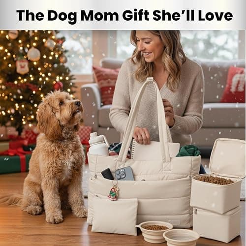 Puffer Dog Travel Bag for Dog Moms – Doggy Diaper Bag with Pet Bowls & Food Storage or Everyday Puffy Tote – Christmas Doggy Mom Gifts for Women – Lightweight, Travel-Ready Gift for Pet Lovers – Beige thumbnail 2