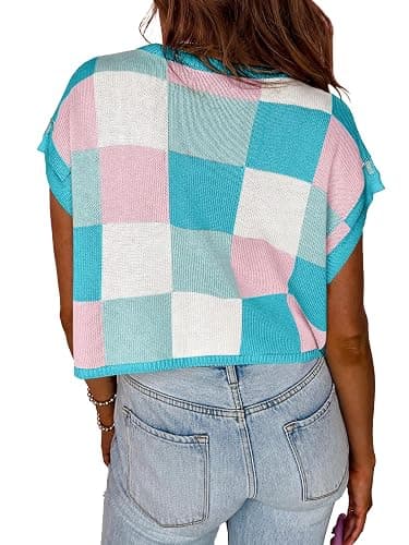 Saodimallsu Womens Cap Sleeve Crop Tops Summer Color Block Going Out Crew Neck Knit Trendy Casual Sweater thumbnail 4