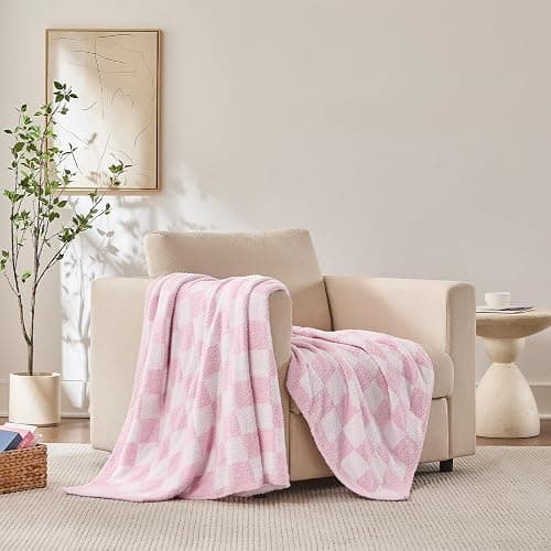 Cozzenity Checkered Throw Blanket, Pink Soft Cozy Fluffy Knitted Throw Blankets for Couch, Sofa, Bed, Chair, Warm Fuzzy Travel Picnic Lightweight Plaid Blanket, 50x70 inches thumbnail 3