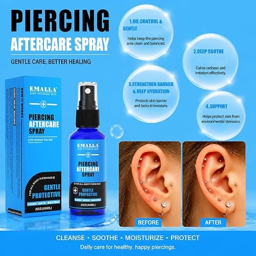Emalla 3-in-1 Piercing Aftercare Spray 2oz Saline Spray for Piercings | Gentle Ear Piercing Cleaner Saline Solution for Piercing Soothing Piering Bump Care Alcohol Free Daily Mist Nose Belly Button thumbnail 5