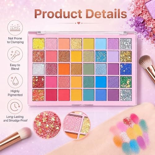 Colourful Glitter Eyeshadow Palette, 40 Colours Matte Glitter Eyeshadow Yellow Silver Pink Purple Green Blue Eye Make Up Palettes, Long Lasting Colourful Eye Shadow Pallets for Women thumbnail 3