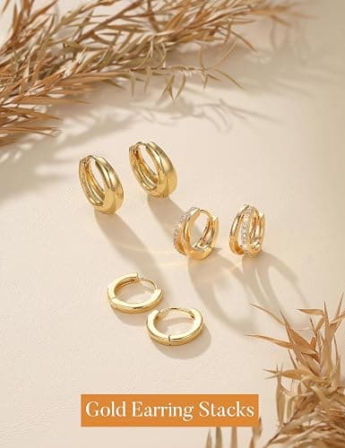 MILACOLATO 3 Pairs Small 14K Gold Plated Hoop Earrings for Women Trendy Hypoallergenic Silver Earring Stacks Huggie Hoops Earring Sets for Multiple Piercing Chunky Double Hoop Jewelry Lightweight thumbnail 5
