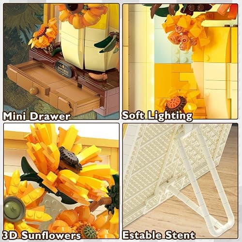 JMBricklayer Flowers Sunflower Building Sets for Adults with Lights 70004, Van Gogh Wall Art Crafts, Plants Painting Frame for Room Home Office Decor, Flower Birthday Gifts Ideas for Women Girls Teens thumbnail 6