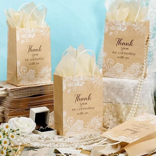 Fuutreo 100 Set Wedding Gift Bags with Tissue Paper Wedding Welcome Favor Paper Bags for Guests with Handles Thank You Bridal Shower Hotel 21 * 8 * 15cm(Vintage Lace) thumbnail 2