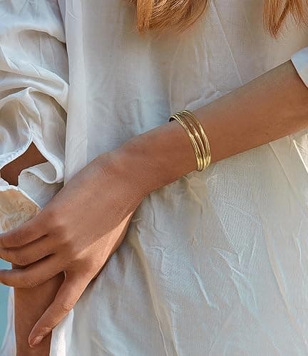 ENSKEFEN Gold Cuff Bracelet for Women Chunky Multi-layer Cross Wire Open Bracelet Hollow Wide Cuff Bracelets Adjustable Gold Open Cuff Bangle Bracelet thumbnail 8