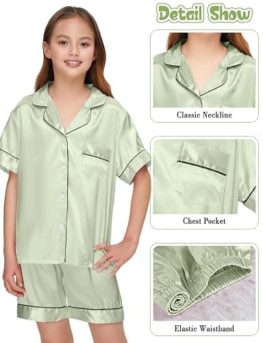 ALHAVONE Silk Pajamas for Girls Satin Pajama Kids 3 Pieces Short Sleeve Girl Button-down Pjs Shorts Pants Sleepwear thumbnail 5