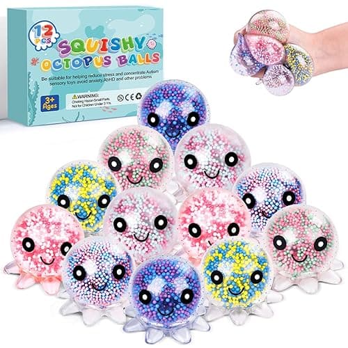 VESPRO 12 Pack Fidget Stress Balls for Adults, Cute Octopus Stress Relief Sensory Stress Ball, Bulk Squishy Squeeze Ball Toys Set for Classroom Prizes and Birthday Party Favors - Image 1