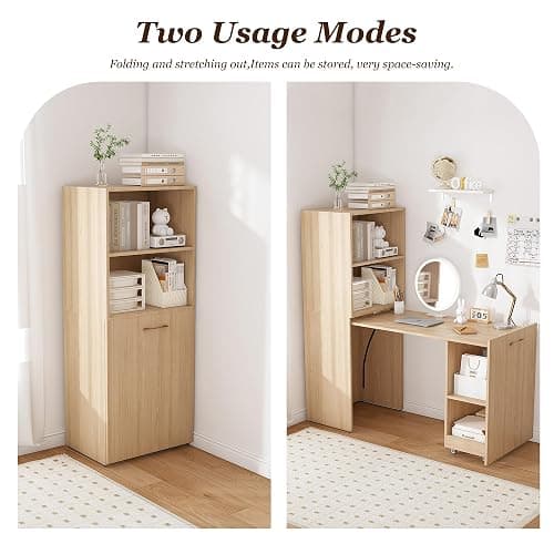 Folding Computer Desk with Wheels,Hideaway Desk with Storage Shelves, Murphy Desk for Small Apartments and Offices thumbnail 4