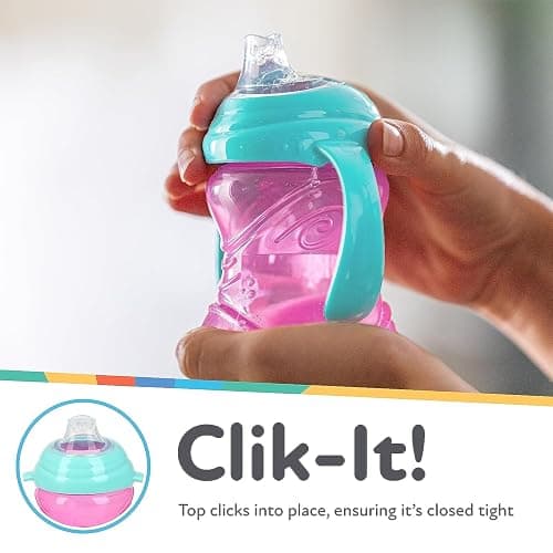 Nuby Clik-It Grip N' Sip Soft Spout No-Spill Training Sippy Cup with Handles - (3-Pack) 10 oz - 4+ Months - Aqua/Purple/Pink thumbnail 3