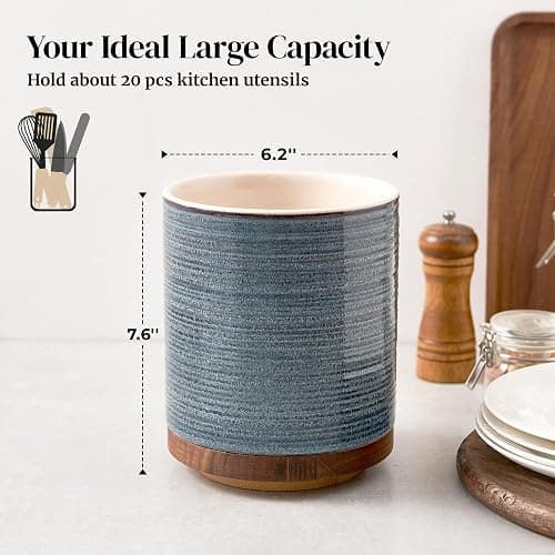 DOWAN 360° Rotating Extra Large Cooking Utensil Holder, 7.6" Kitchen Utensil Holder for Countertop, Utensil Crock for Farmhouse Kitchen Decor, Ceramic Stable Utensil Caddy, Blue thumbnail 3