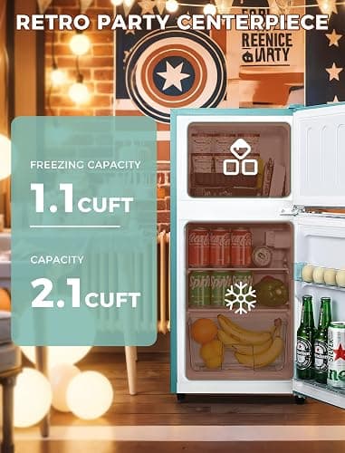 Anypro 3.2 Cu.Ft Refrigerator, Retro Double Door Fridge with Freezer, 7 Adjustable Temperature Settings, Removable Glass Shelves for Dorm, Office, Bedroom, Apartment, Blue thumbnail 4