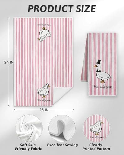 FGFK Mr and Mrs Goose Pink Striped Kitchen Towels 16x24 Inch, Wedding Gifts for Couples Newlyweds Dish Tea Towels for Kitchen Decor, Just Married Gifts Decorative Hand Towel for Bathroom, Set of 2 thumbnail 3
