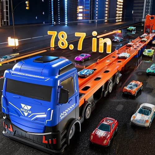 GYYCKTD Cars Truck Set Transport Toy for Kids, Race Track Set with 12 Die-Cast Cars, Trucks Playset, 2-Tier Launching Tracks, Carrier Toy for Boys Girls Birthday Gifts for Boys Ages 1-3 2-4 3-5 4-7 thumbnail 2