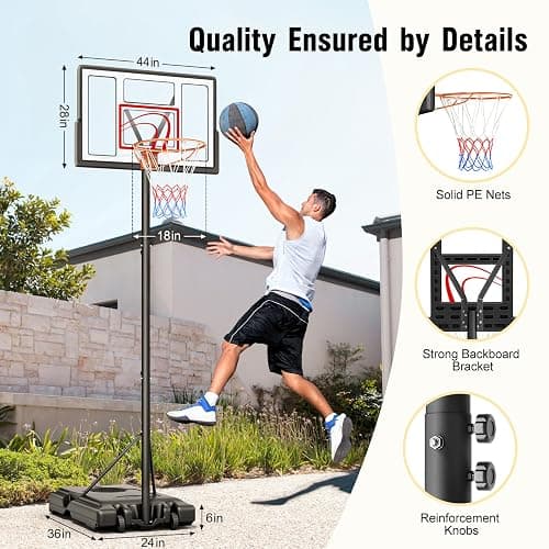 Yohood Basketball Hoop 4.43-10FT Adjustable, Portable Basketball Hoops & Goals for Kids/Teens/Adults w/44 PC Backboard, 18" Standard Basket Rim, All-Weather Stand for Outdoor thumbnail 5