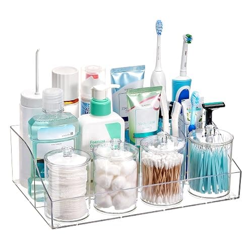 Vtopmart 5 PCS Bathroom Countertop Organizer, 1 Divided Tray with 4 Qtip Holder Jars, Restroom Clear Organizers for Toothbrush, Cotton Pads Balls, Floss, Bathroom Vanity Accessories Storage Set - Image 1