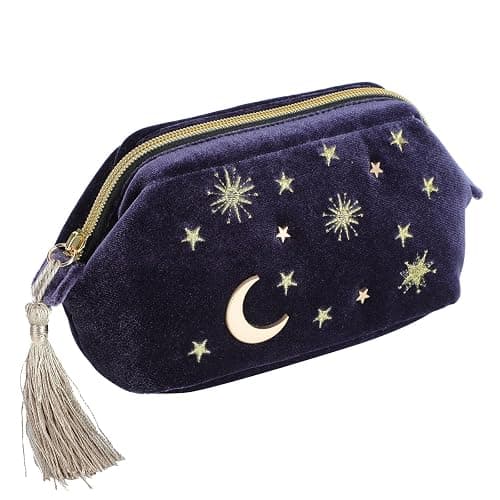 SZZCX Handy cosmetic makeup bag,Navy Velvet Embroidered Applique Moon Stars Cosmetic Bag,Starry Makeup Pouch with Tassels & Pearl Zipper,Beautician Storage Bag - Image 1
