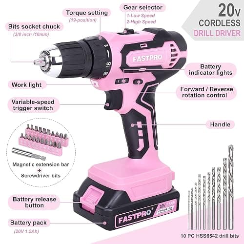 FASTPRO 232-Piece 20V Pink Cordless Lithium-ion Drill Driver and Home Tool Set, Lady's Repairing Kit with 12-Inch Wide Mouth Open Storage Bag thumbnail 8
