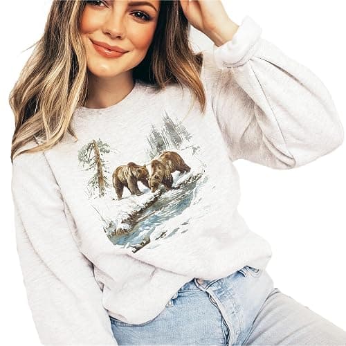Vintage Grizzly Bear Wilderness Scene Sweatshirt - 90s Vintage Brown Bear Sweatshirt - Scenic Winter Nature Sweater - Unisex Graphic Crewneck Sweatshirt thumbnail 8