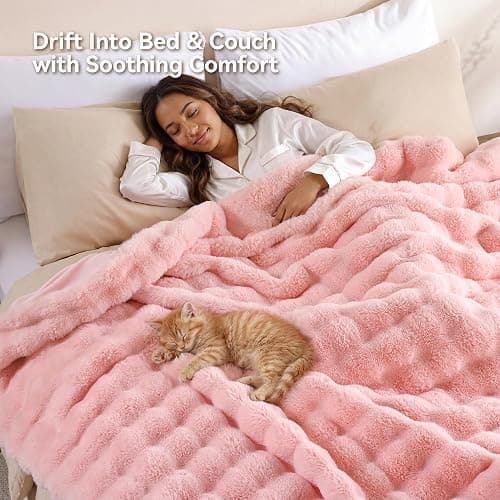Smoofy Faux Rabbit Fur Throw for Couch - Blush Pink Bubble Blanket 50"x60" | Fluffy Plush Fuzzy Throw for Sofa & Bed, Super Soft Cozy Comfort Blanket, Luxury Aesthetic Pink Decor Gift for Women thumbnail 5