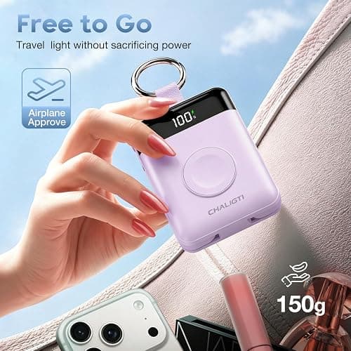 CHALIGTI 5000mAh Portable Charger w/Display,20W Power Bank&iWatch Charger | Super Fast Charging,Built-in Cables,Travel Keychain Battery Pack for Apple Watch 1~11 Series/Ultra/SE,iPhone Air/12~17,Purple thumbnail 6