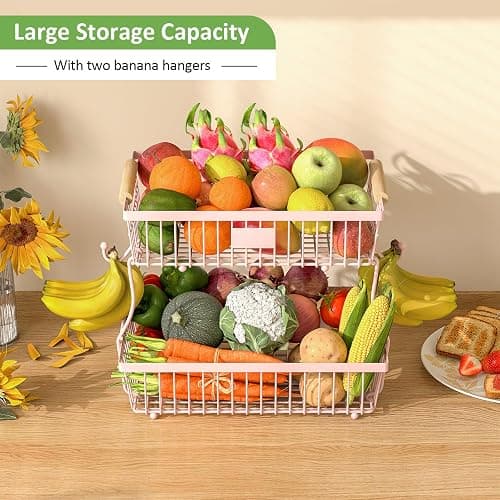 Astrorhine 2 Tier Fruit Basket for Kitchen Counter with 2 Banana Hangers, Countertop Metal Fruit Bowl with Wooden Handle, Large Storage Stand for Vegetables, Snacks, Breads, Produce Storage – Pink thumbnail 4