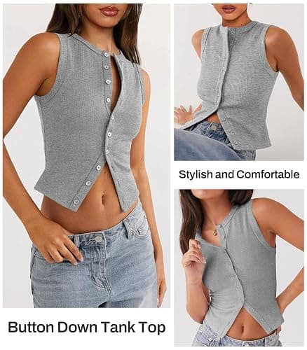 Pungdra Womens Button Down Tank Top Sleeveless Ribbed Fitted Vest Casual Crewneck Trendy Y2K Going Out Crop Knit Vest Top thumbnail 5