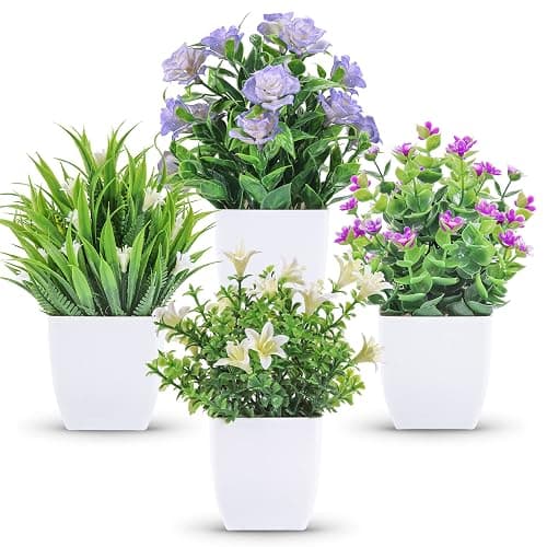 Der Rose 4 Pack Small Fake Plants Mini Artificial Faux Plants Indoor with Flowers Spring Decorations for Home Room Farmhouse Desk House Bathroom Decor - Image 1