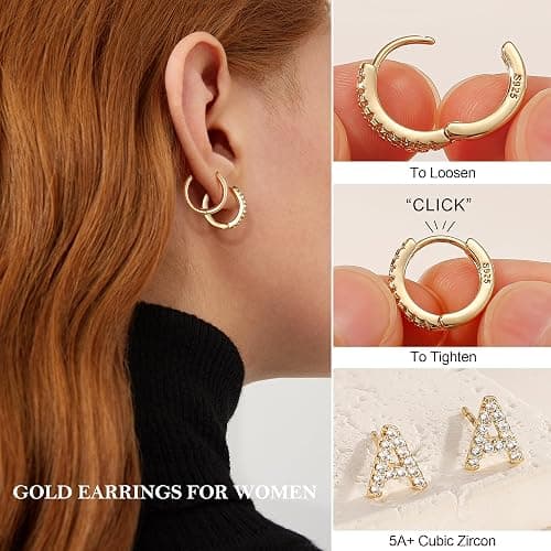 Ritach Christmas Gifts for Teens Girls Kids - 3 Pairs Gold/Silver/Rose Gold Huggie Hoop Earrings for Women Girls Hypoallergenic CZ Initial Stud Earrings Set Stocking Stuffers for Teens Girls Kids thumbnail 5