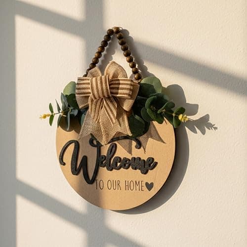 Condorpasea 3D Welcome Sign for Front Door | Home/Farmhouse Porch Décor Wooden Hanging Sign with Artificial Leaves and Rustic Beads | Christmas Classroom |12" Round thumbnail 2