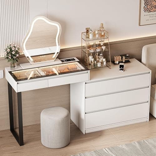 BROTTAR Vanity Dressing Tables with LED Lights, Glass Top Vanity Table Makeup Desk with Cloud-Shaped Mirror and 5 Drawers, White Dresser with Charging Station for Bedroom - Style A - Image 1