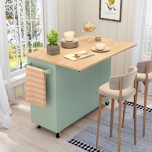HLR Kitchen Island with Storage, Sage Green Rolling Kitchen Cart on Wheels with Drop-Leaf Bar Countertop, Islands Prep Table with Side Open Spice Rack and Tower Rack, Extra Storage for Kitchen - Green thumbnail 4