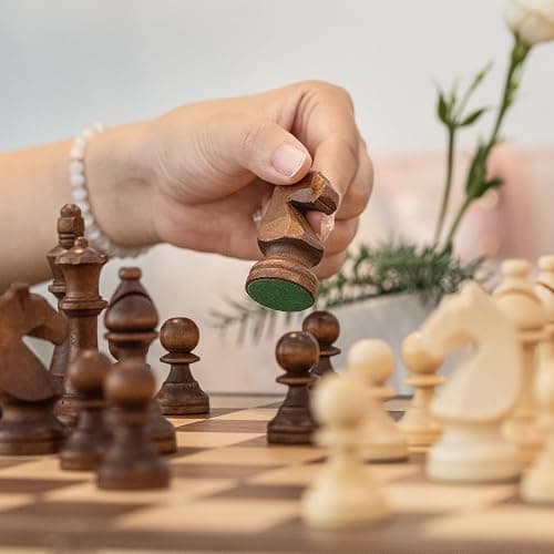 A&A 15" Magnetic Wooden Chess & Checkers Set/Folding Board / 3" King Height German Knight Staunton Chess Pieces/Walnut & Maple Inlaid /2 Extra Queen thumbnail 8
