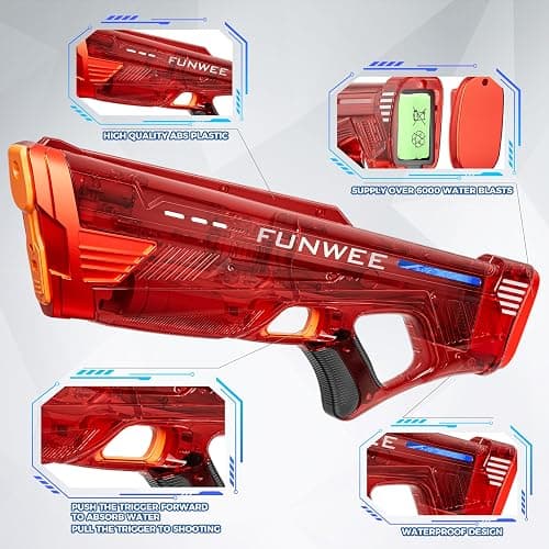 Funwee Electric Water Gun for Kids Adults, Powerful Automatic Squirt Gun, High Powered Shooting 100+ Times, Long Range, Auto Water Blaster, Outdoor Water Toy Pool Game(Transparent Red) thumbnail 4