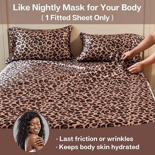 MR&HM Satin Fitted Sheet Twin Size, Elastic Corner Straps, Brown Leopard | 15" Deep Pocket, Secure Fit, No Slipping or Bunching, Silk-Like Feel, Cooling & Breathable, Gentle on Hair & Skin, 1 Pc thumbnail 2