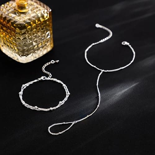Hand Chain Siver Bracelet for Women, Silver Beaded Ring Hand Chain Finger Ring Cubic Zirconia Dainty 14K Gold Plated Cross Bracelet Chains for Women Simple Body Jewelry thumbnail 4
