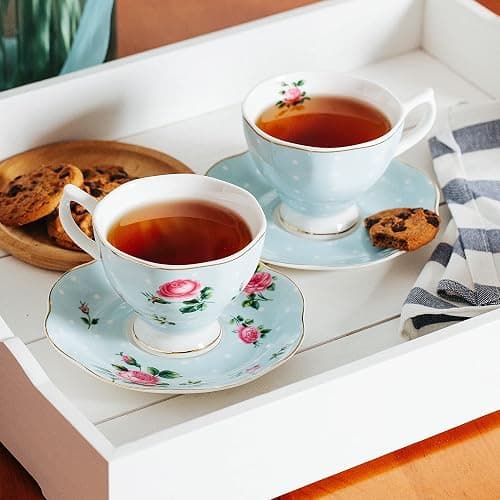 BTaT- Floral Tea Cups and Saucers Set of 8 (8 oz), Porcelain Tea Cup Sets, Assorted Colors with Gold Trim & Gift Box, Dishwasher Safe thumbnail 9