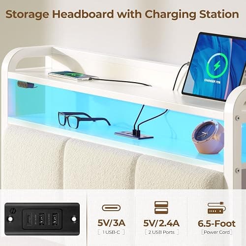 Rolanstar Bed Frame Twin Size with Charging Station and LED Lights, Upholstered Storage Headboard with Drawers, Heavy Duty Metal Slats, No Box Spring Needed, Noise Free, Easy Assembly, White thumbnail 5