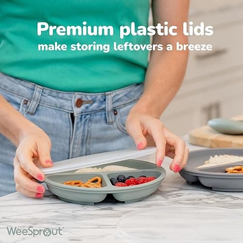 WeeSprout Suction Plates with Lids for Babies & Toddlers - 100% Silicone, Dinnerware Stays Put, Divided Design for Picky Eaters, Microwave & Dishwasher Friendly, 3 Pack - Matte Dark Grey, Blue & Green - With Lids thumbnail 7