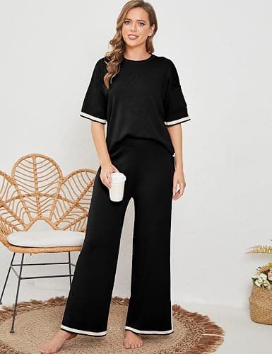 Tanming Sweater Sets Women 2 Piece Lounge Sets Short Sleeve Knit Pullover Tops Wide Leg Pants thumbnail 6