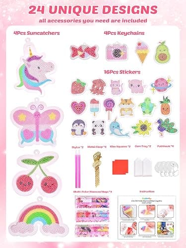 FUN LITTLE TOYS 24Pcs Diamond Art Kits, Diamond Painting Kits, Arts and Crafts for Kids Ages 6-12, Gem Art As Gifts Ideas for Girls and Boys, Small Diamond Painting Stickers, Kids Craft Age 6+ thumbnail 4