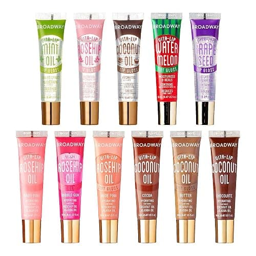 Ruby Kisses Broadway Vita-Lip Tinted & Clear Lip Gloss Set (11 Pack) Ultra-Hydrating & Soothing Formula with Vitamins, High-Shine Non-Sticky Lip Balm with Rosehip+Coconut Oil, Pink & Brown Shades - Image 1