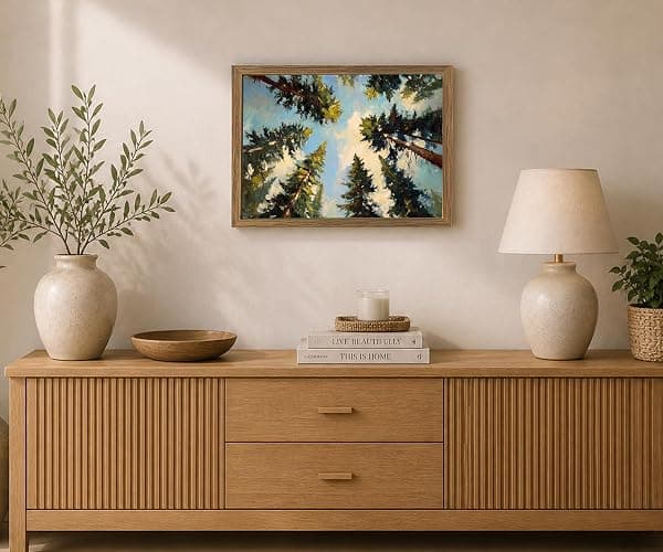 Framed Pine Forest Wall Art Canvas Print Summer Woodland Landscape Painting Cottagecore Pine Tree Picture Wall Decor for Living Room Bedroom Nursery Office12x16 In thumbnail 4