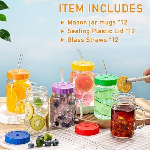 wookgreat Mason Jars with Handle, 12 Pack 16oz Jar Drinking glasses lid and straw, Cups, Regular Mouth mugs for Iced Coffee, Smoothie, Airtight Lids Food Storage, clear thumbnail 4