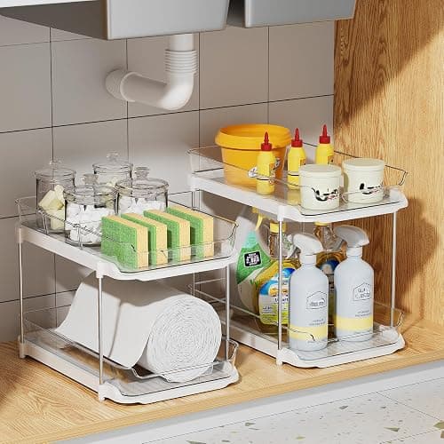 Delamu 4 Pack 2-Tier Bathroom Under Sink Organizers and Storage, Multi-Purpose Stackable Pantry Organization and Storage, Pull Out Clear Kitchen Bathroom Cabinet Organizer with Movable Dividers, White thumbnail 5