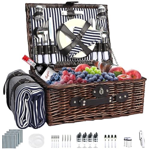 YPshuye Picnic Basket Set for 4 with Waterproof Blanket Mat Insulation Bag Wicker Navy Blue Vintage Classic Gift for Christmas Thanksgiving Wedding Birthday Camp Outdoor Beach Travel - Image 1