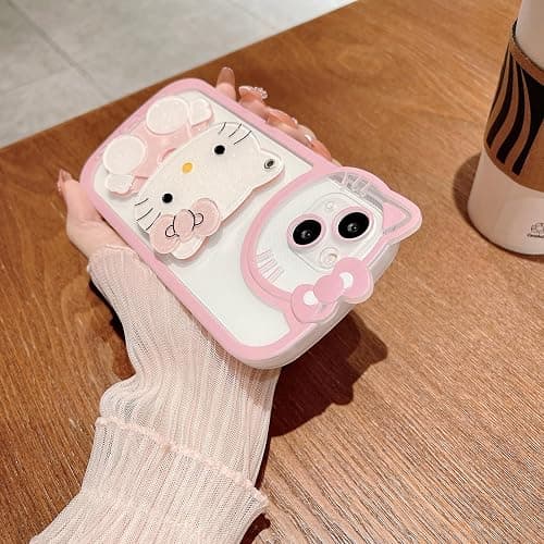XXYUIKEZI for iPhone 16 Kawaii Cartoon Cute Pink Phone Case，Built-in Makeup Mirror for Women Girls, Soft Transparent Protective Pink Phone Case thumbnail 4