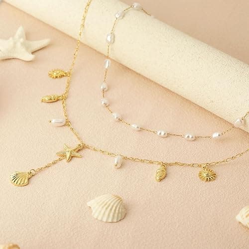 Shell Charm Necklace For Women Stack Seashell Pearl Dainty Starfish Beach Layered 14k Gold Plated Pendant Summer Boho Jewelry Gifts thumbnail 6