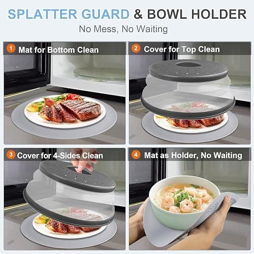 LekDrok 10 Inch Microwave Food Cover & Collapsible Silicone Mat - Splatter Guard, Plate Holder & Kitchen Colander for Meal Prep, Charcoal thumbnail 4